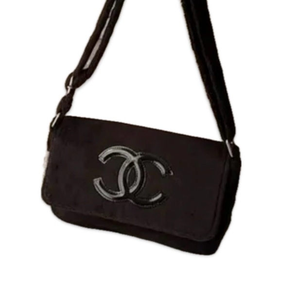 CHANEL Handbags - AUTHENTIC CHANEL Velour plush messenger bag black with black patent CC logo NWOT